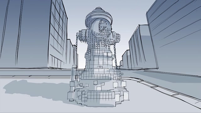 Making Of Restart, the storyboard sketch of the voxel hydrant
