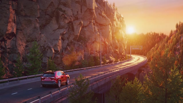 A red Toyota on a winding mountain highway at sunset in The Journey, full CG by LOBO