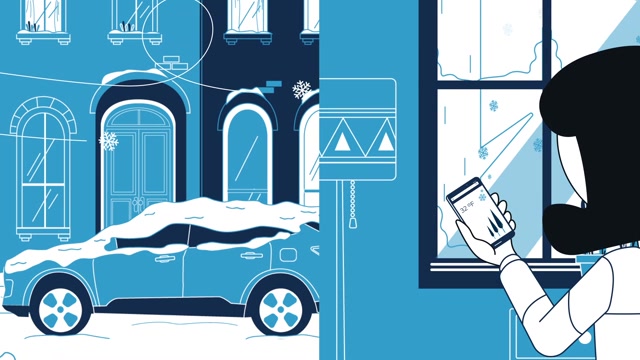A snowed-in car on an illustrated winter street, from FordPass Remote Start Cold by LOBO