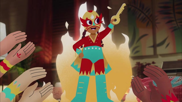 An animated luchadora rises in flames from a living-room sofa