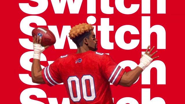 A wall of red Switch type behind an NFL player in a 00 jersey, from Verizon He Is Back by LOBO