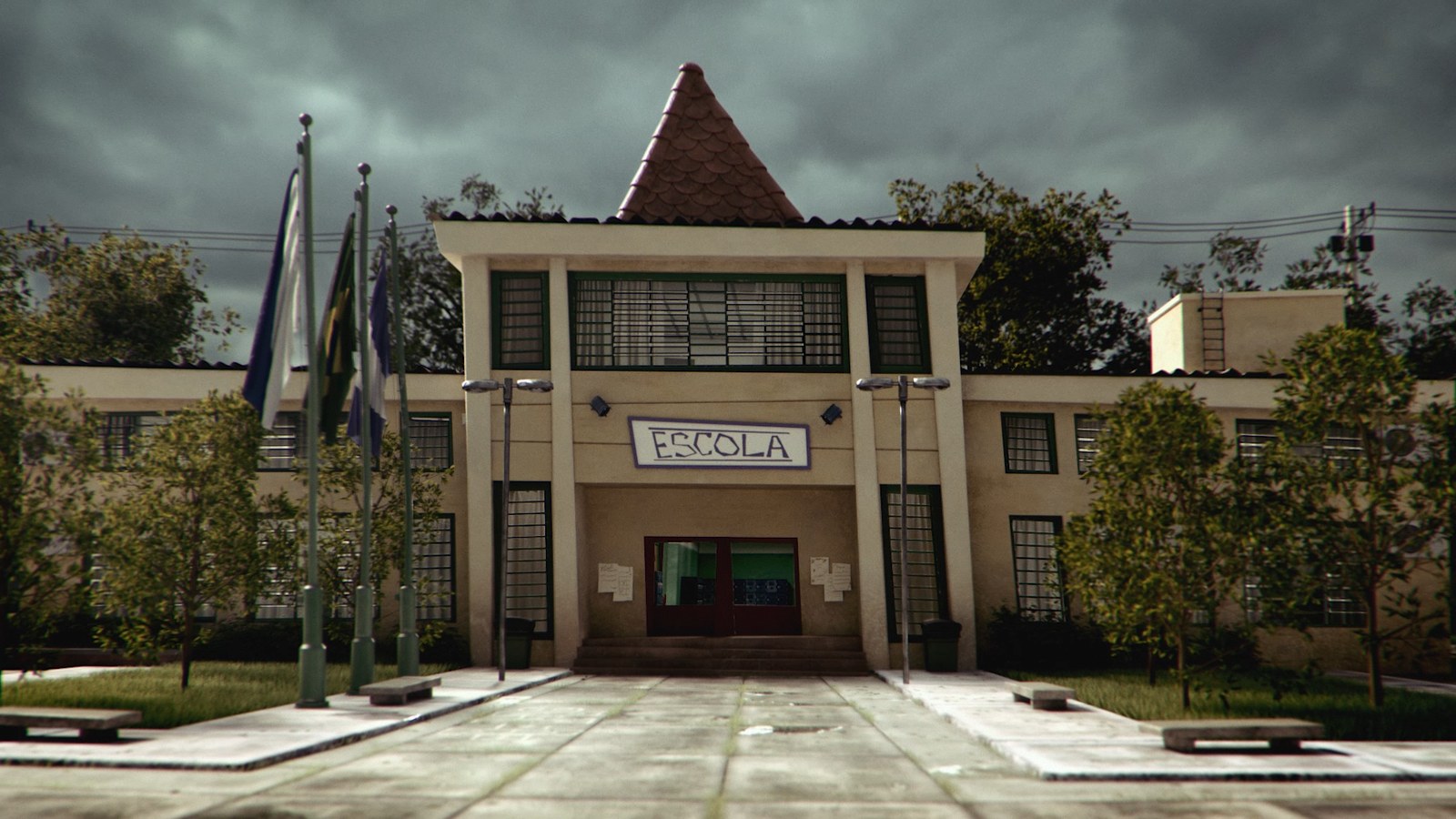 The school, under a grey sky