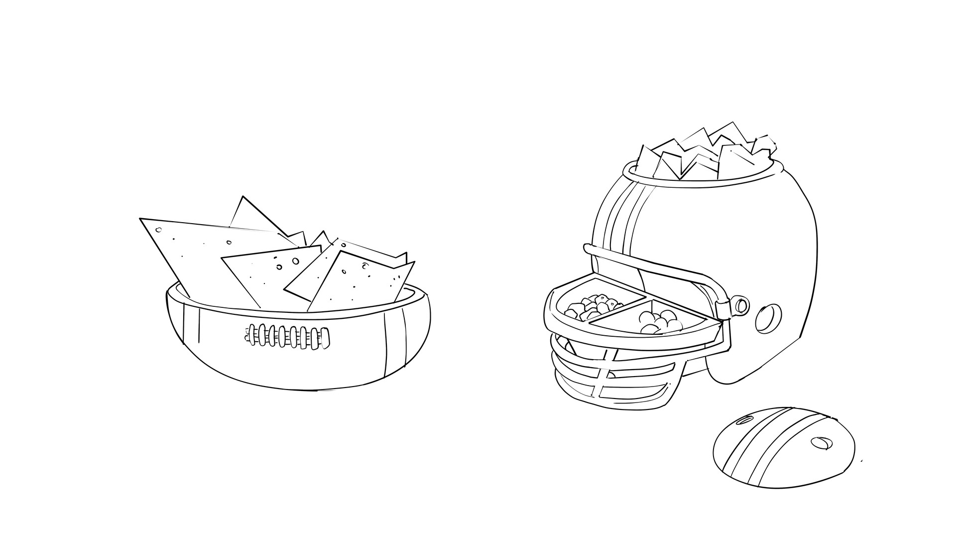 Line drawings of nachos and a helmet snack bowl