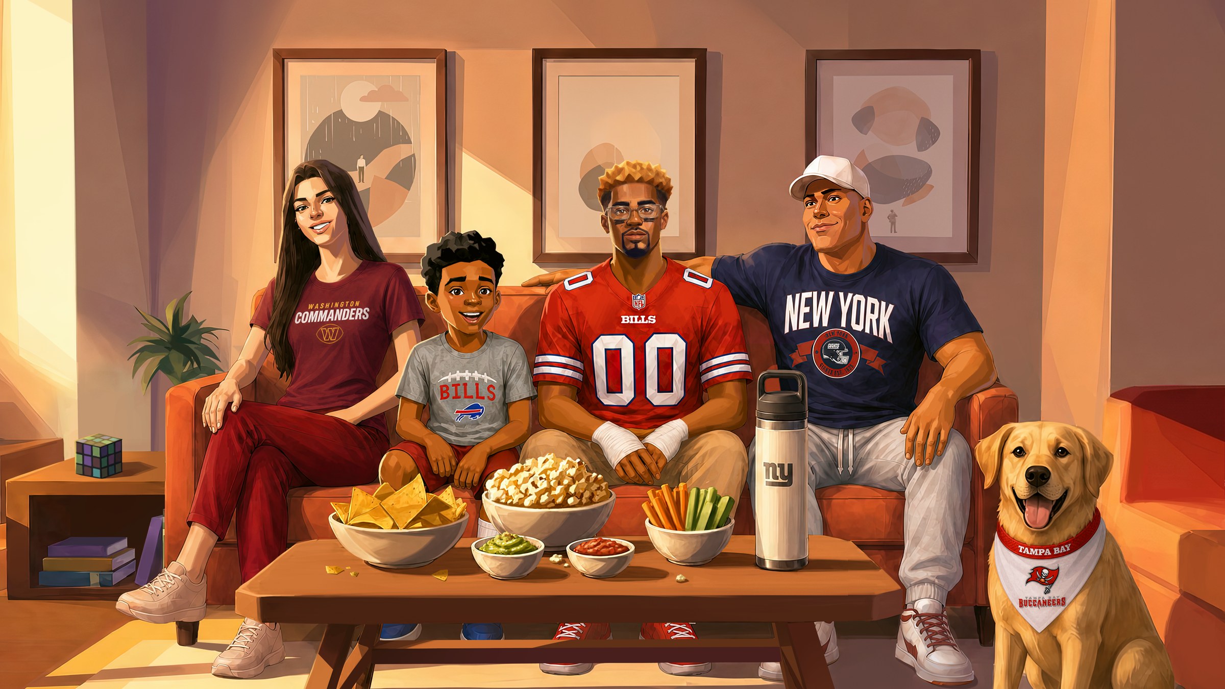 A family and their dog on the couch watching the game, from the Verizon NFL film