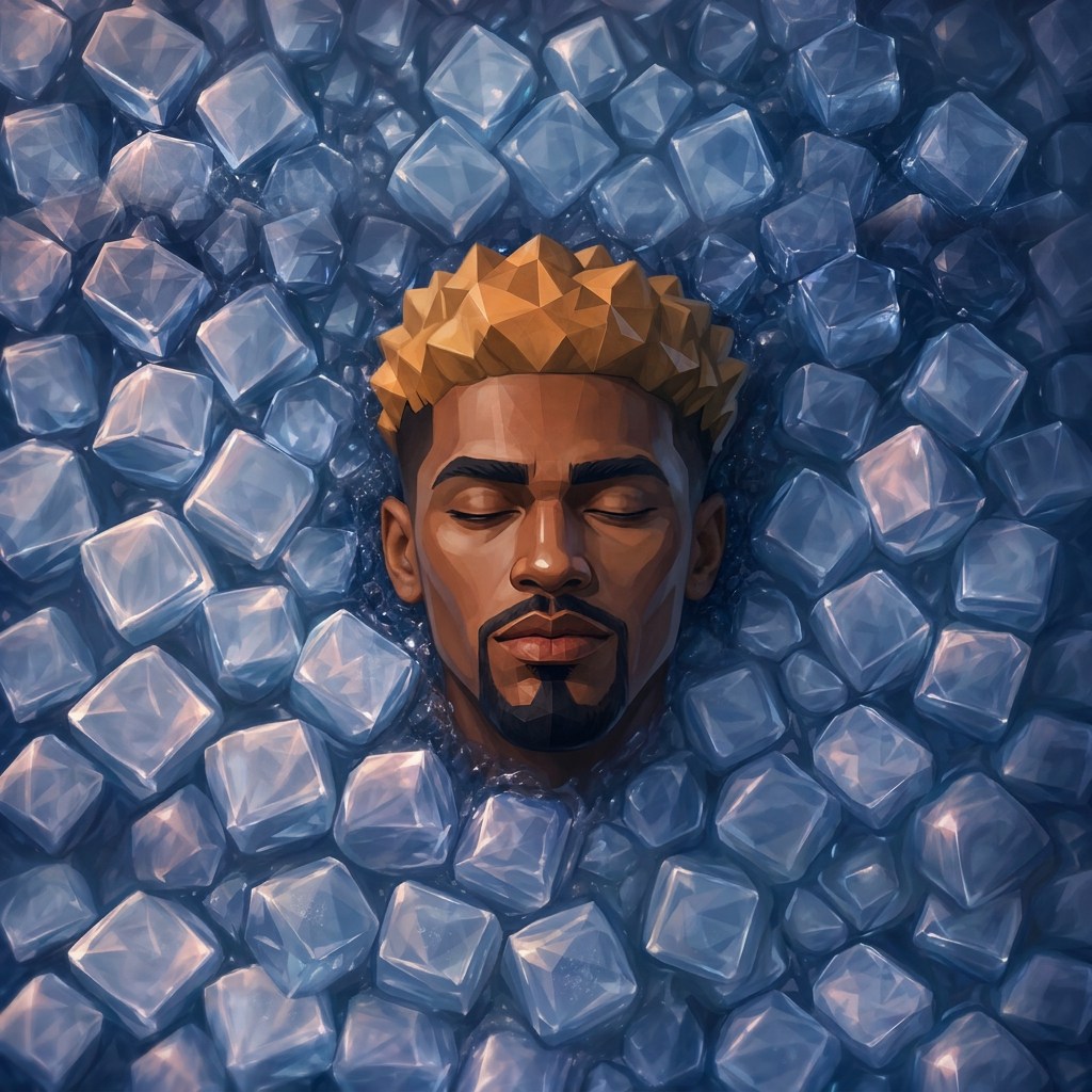 A painted styleframe of a face in a bed of ice