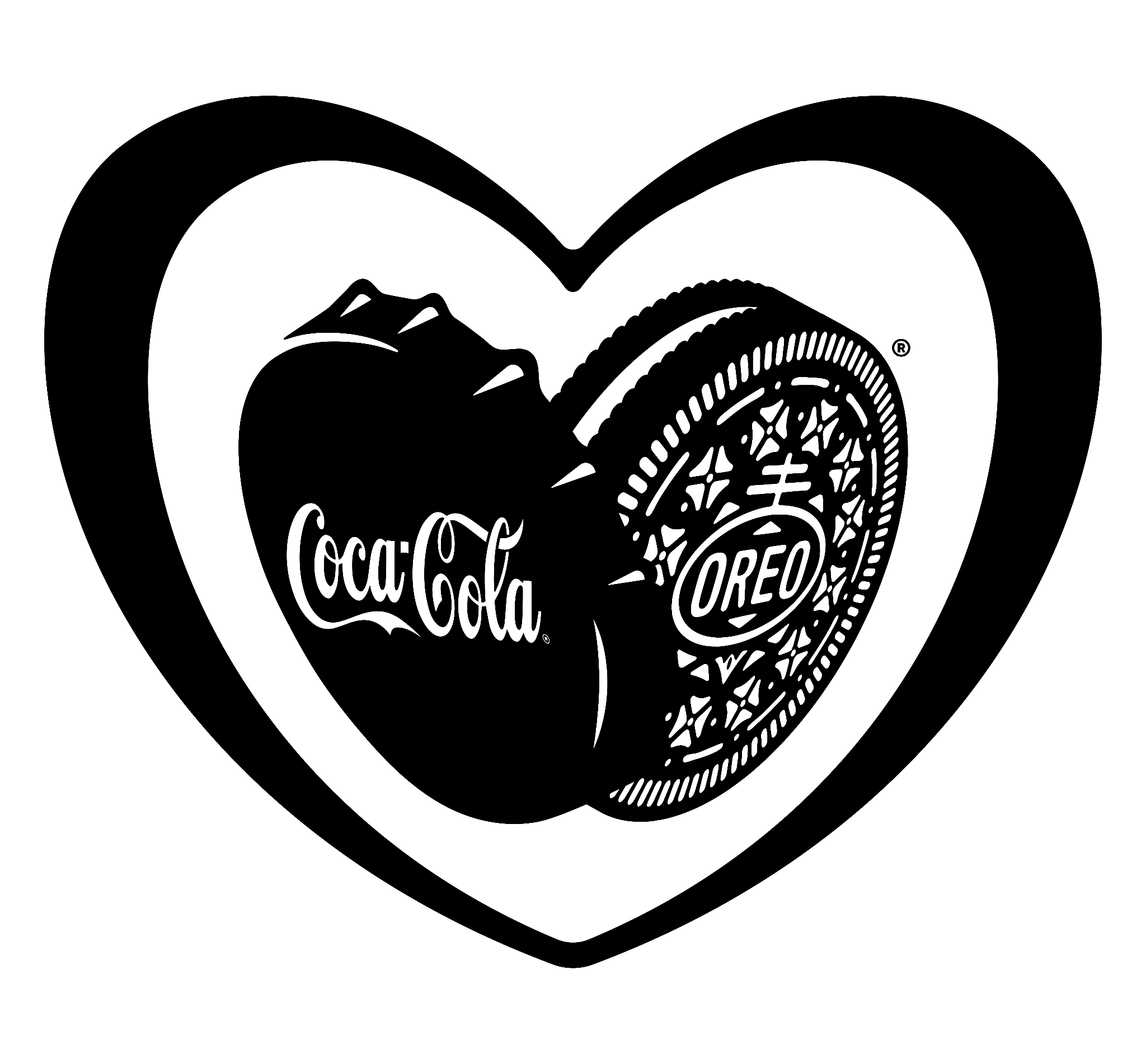 A white heart holding a Coca-Cola bottle and an Oreo cookie, the campaign lockup by LOBO