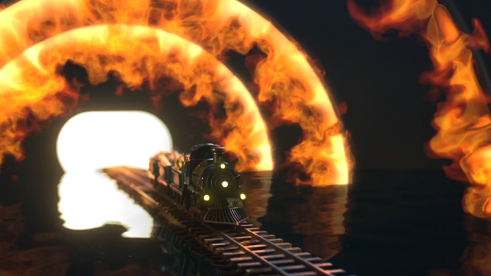 The train passing through a burning ring of fire