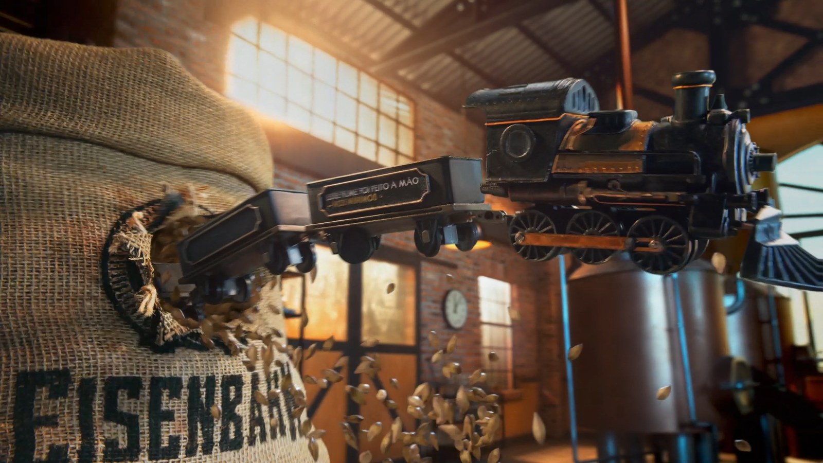 A model steam train beside a hessian sack stencilled Eisenbahn