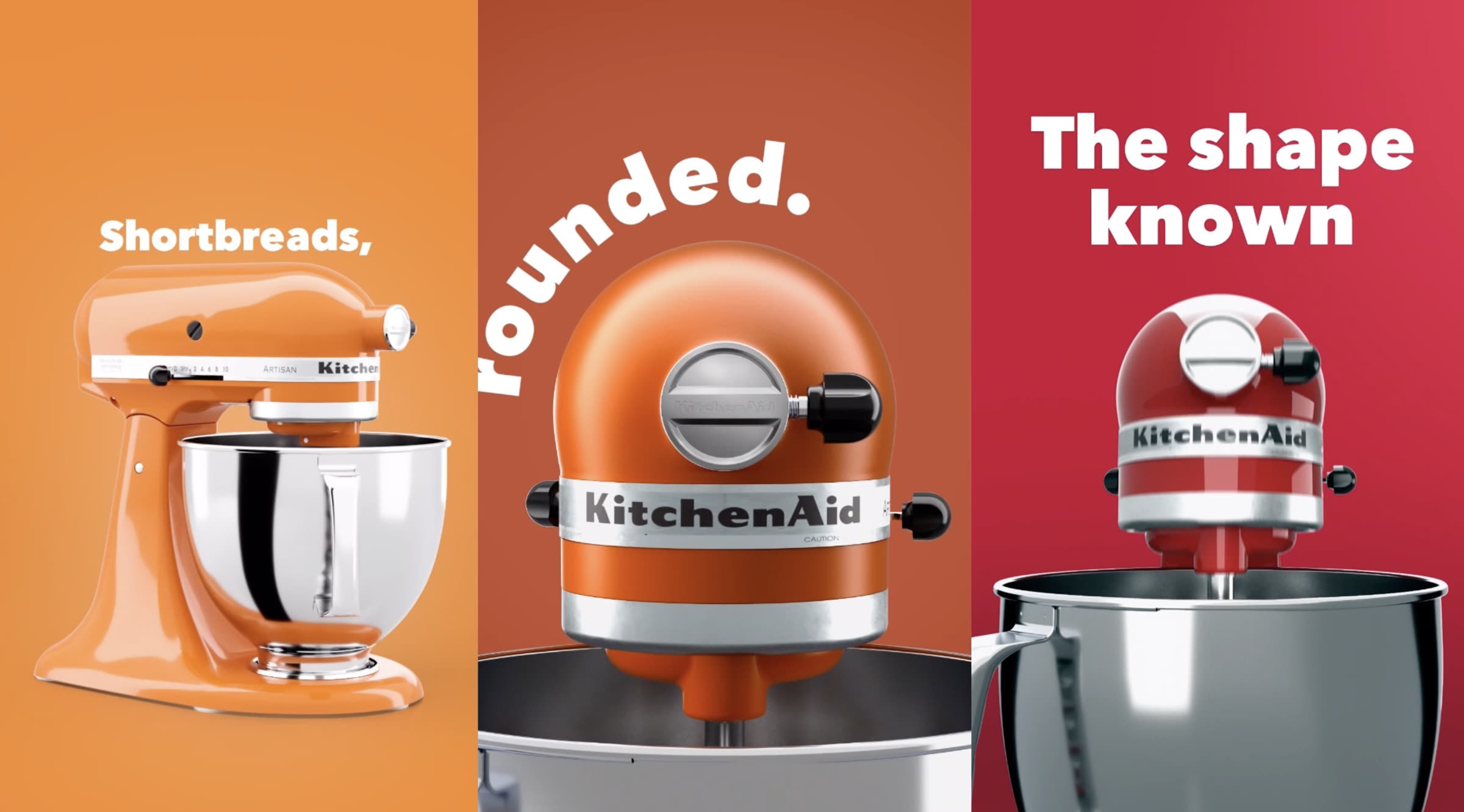 Three KitchenAid Artisan mixers in orange and red, each with a line of the campaign type