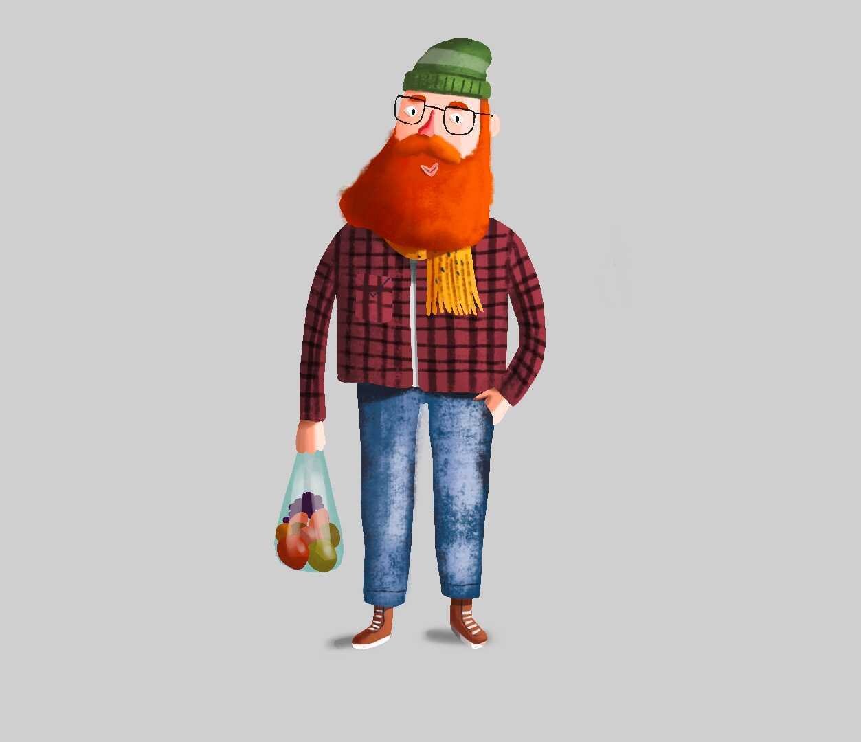 A finished character painting of a bearded man carrying shopping