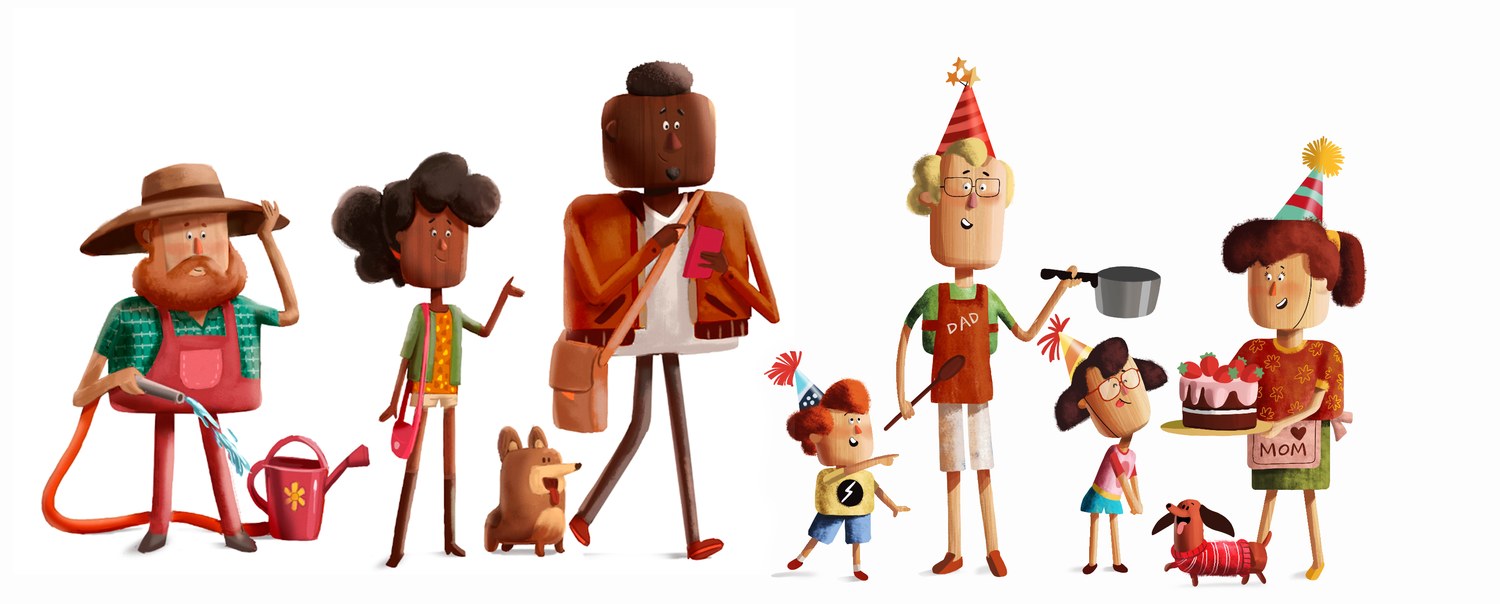 A painted illustration of the wider cast of town characters