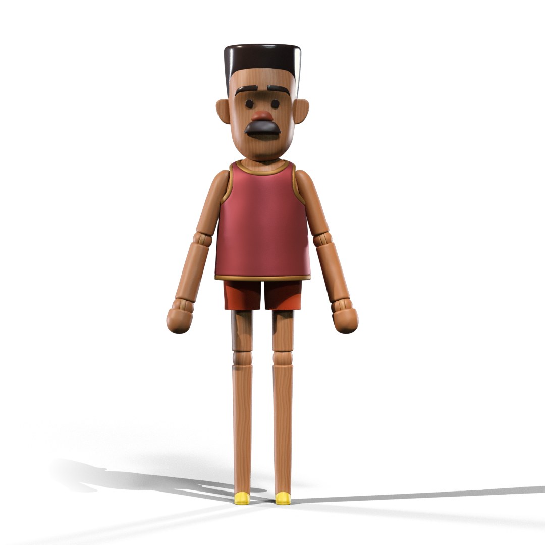 An articulated wooden character figure in a red top