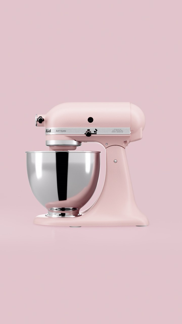 A pale pink KitchenAid mixer with the line gets the counter space
