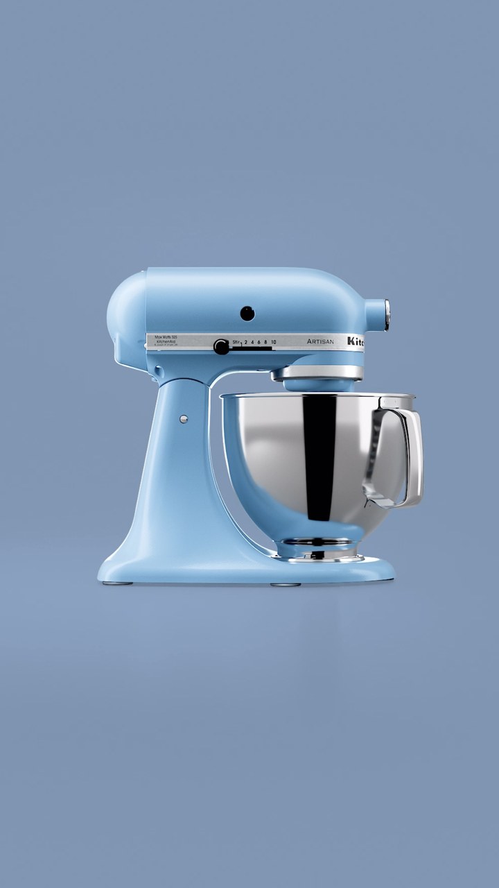 A Blue Velvet KitchenAid stand mixer with the line We let our beauty go