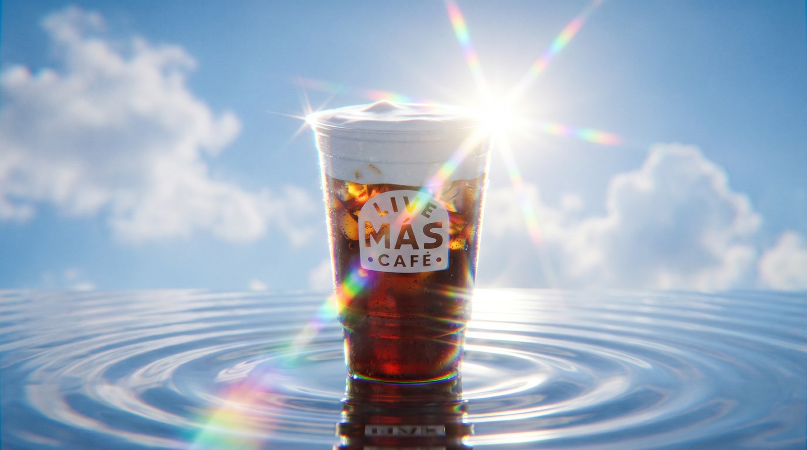 Concept frame of a cold brew cup standing on rippling water