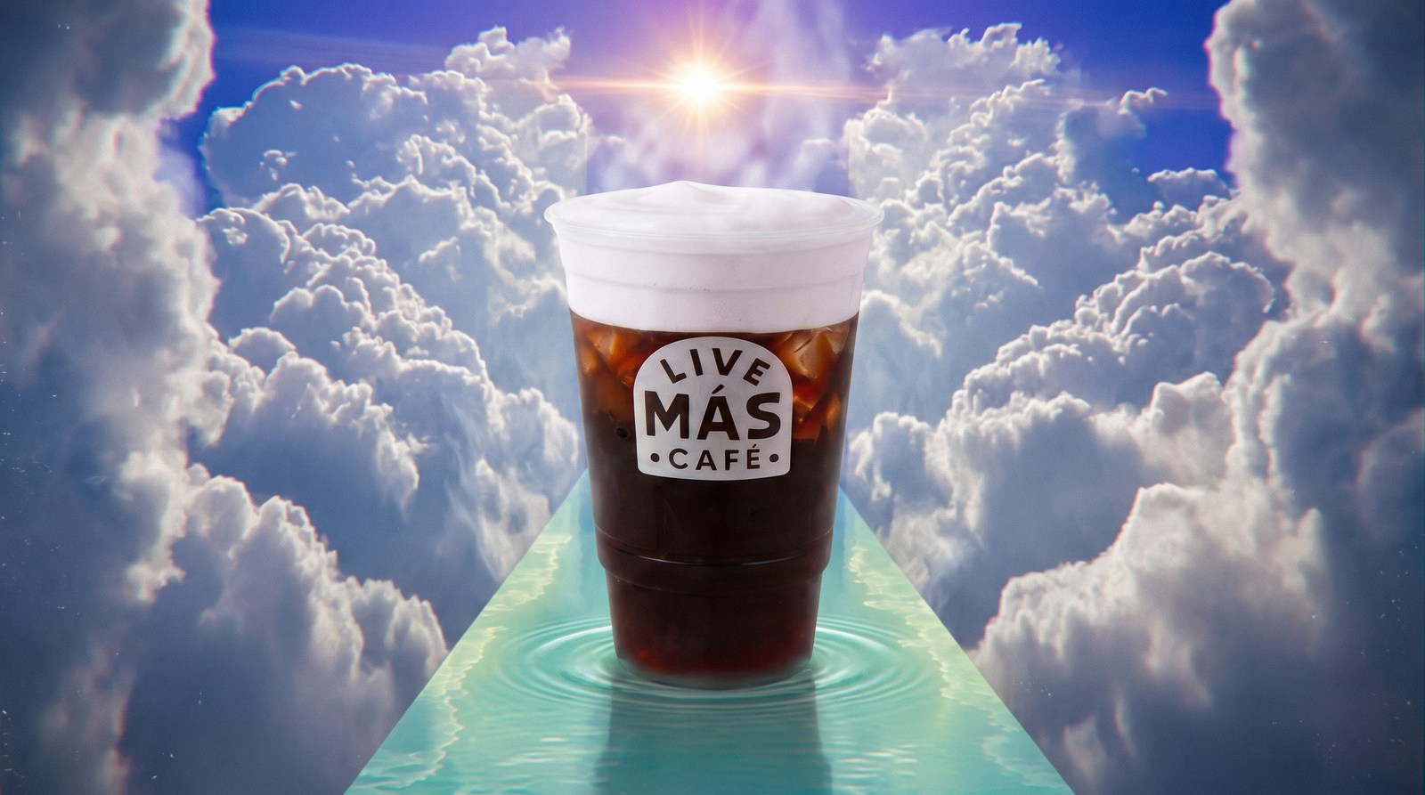 Concept frame of a cup on a glass path through the clouds