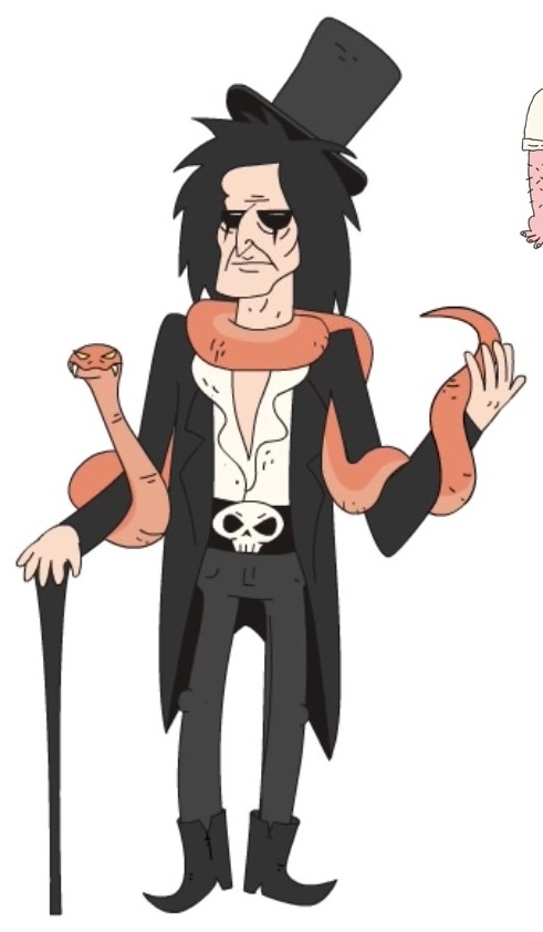Caricature of Alice Cooper in a top hat holding a snake