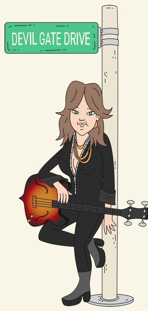 Caricature of a guitarist beside a street sign reading Devil Gate Drive