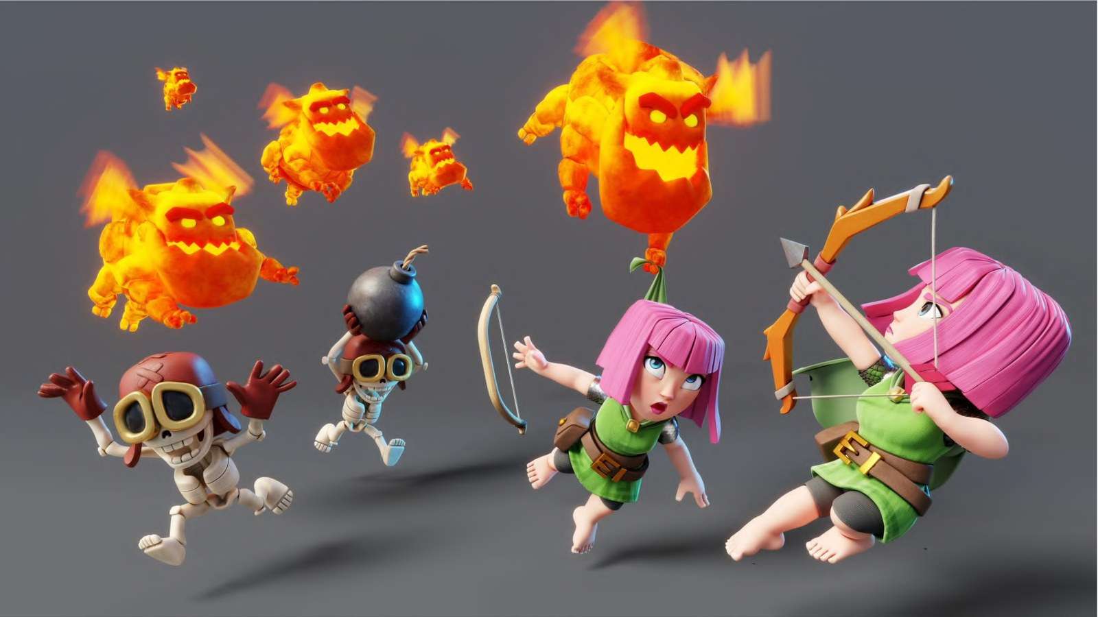 Fire spirits, skeletons and archers mid action on a grey backdrop