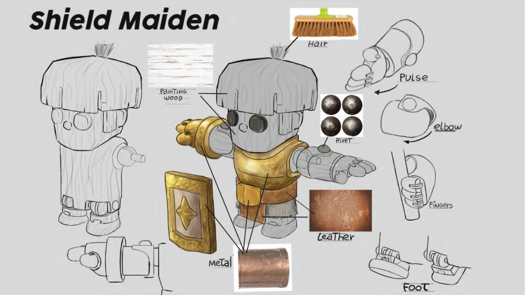 Design sheet for the Shield Maiden with leather, metal and wood callouts