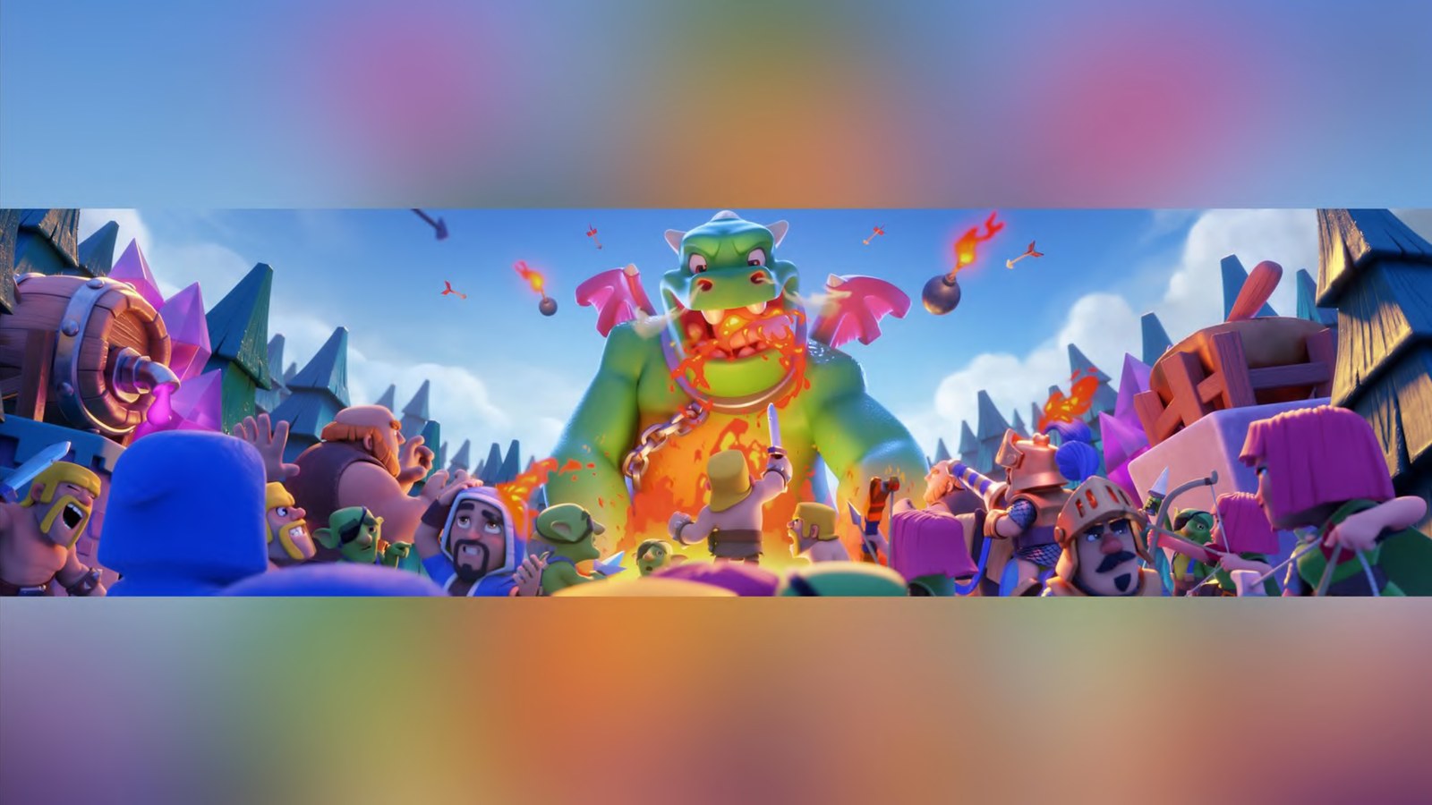 A dragon roaring in a packed arena, crowd stretching to the horizon