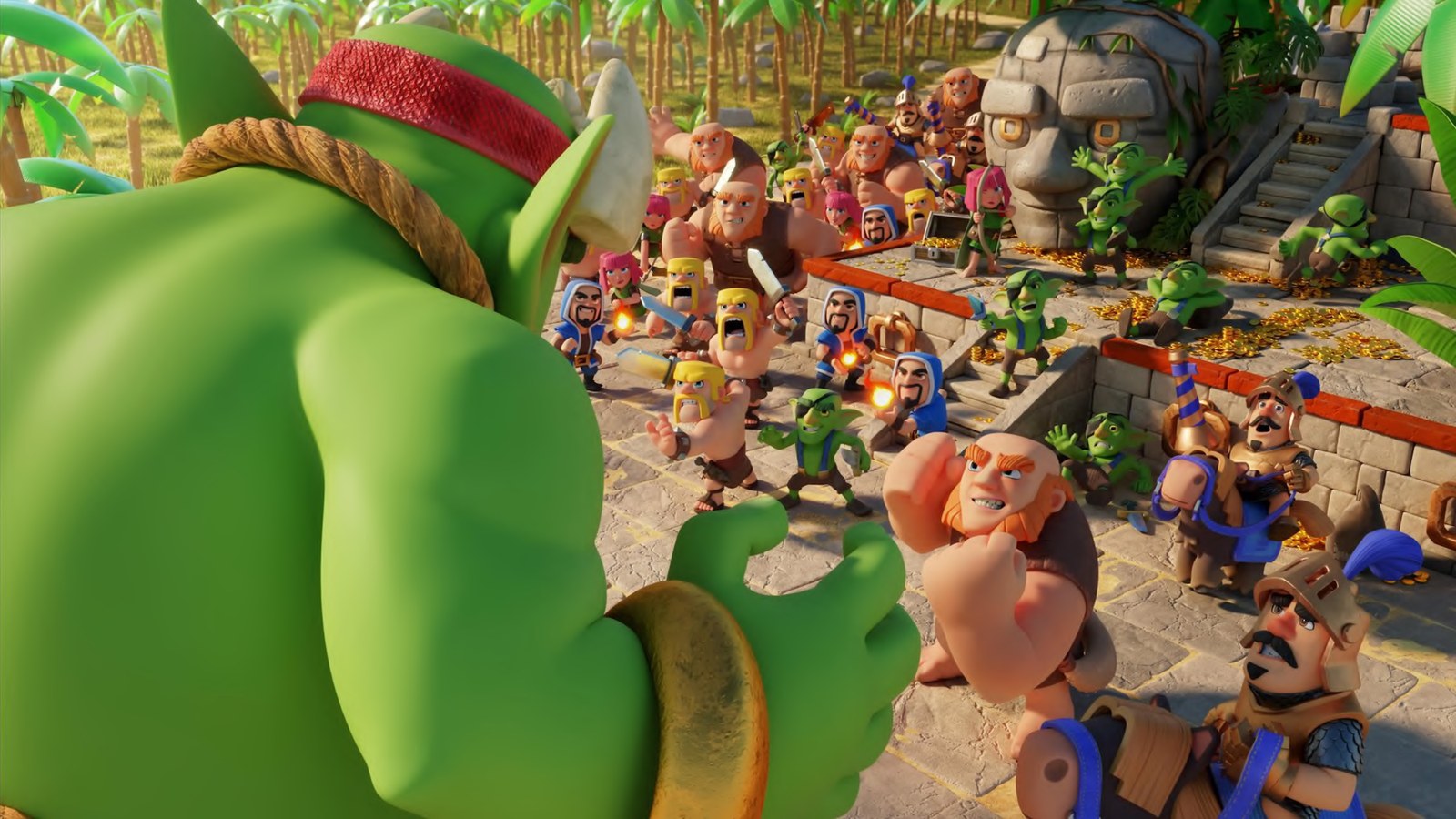 A giant green hand in the foreground with the village battle behind