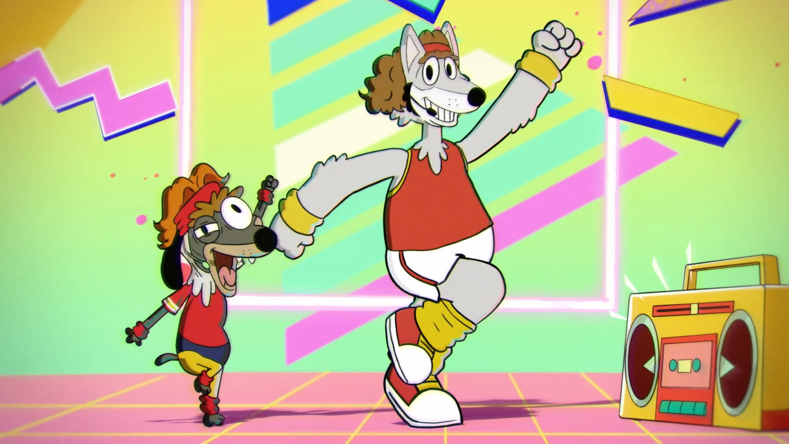 KC Wolf leading an aerobics routine beside a boombox