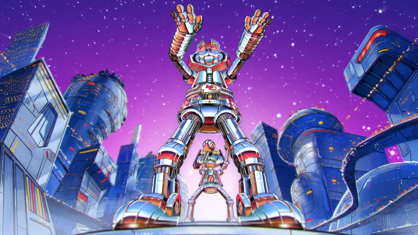 The Chiefs mecha towering over a retro anime city