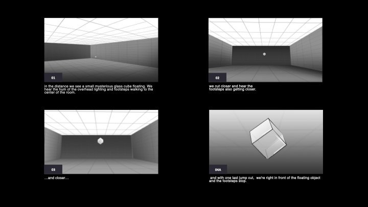 Storyboard panels, the empty room and the object appearing
