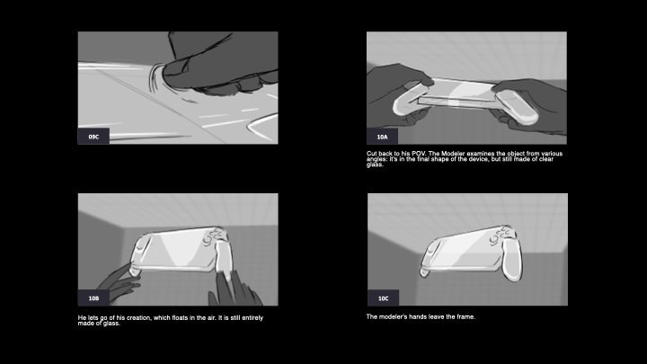Storyboard panels, hands working the object into the shape of the device