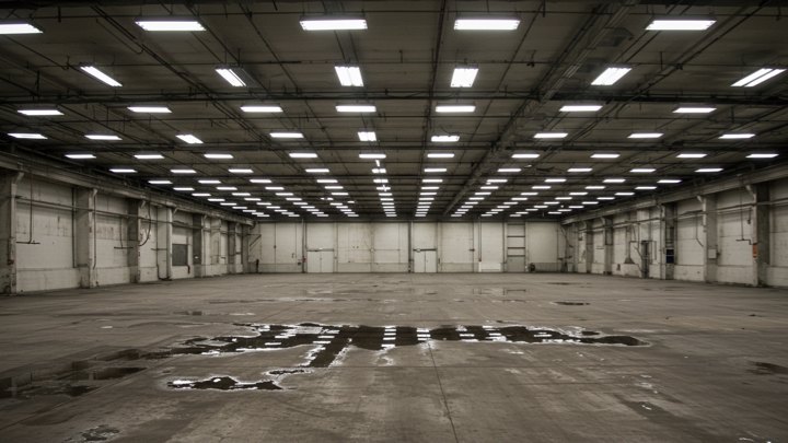 Environment plate, a near empty warehouse in light grey concrete