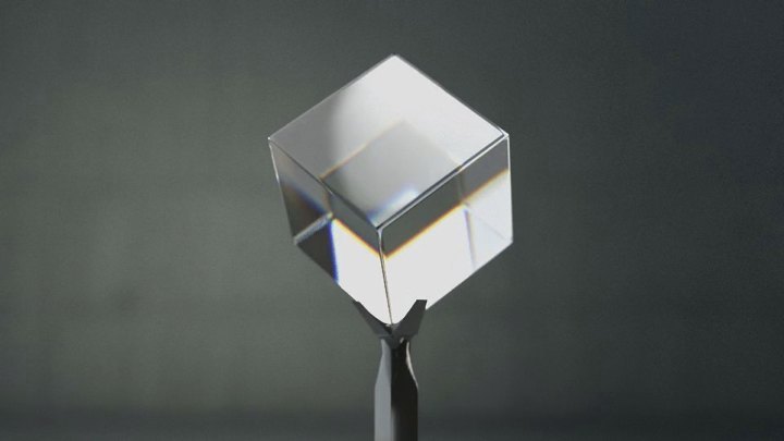 Materials test, a glass cube on a plinth