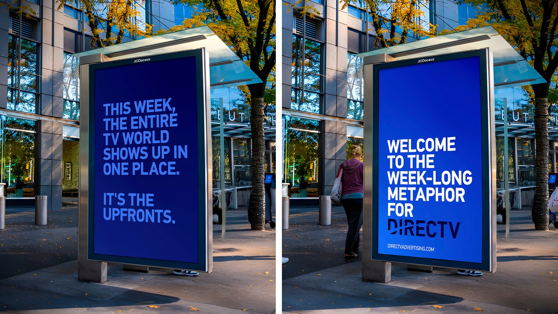 A pair of DIRECTV bus shelter posters, the first reading Fox, NBC and ESPN walk into a bar