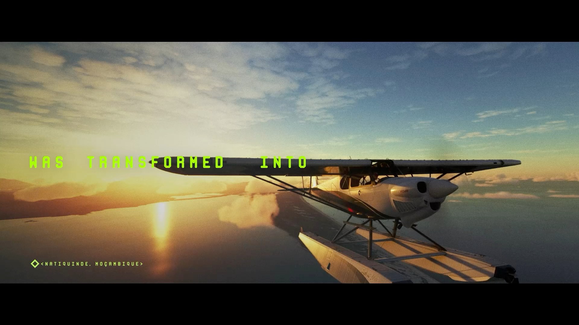 A light aircraft flying at sunset above the clouds in the simulator