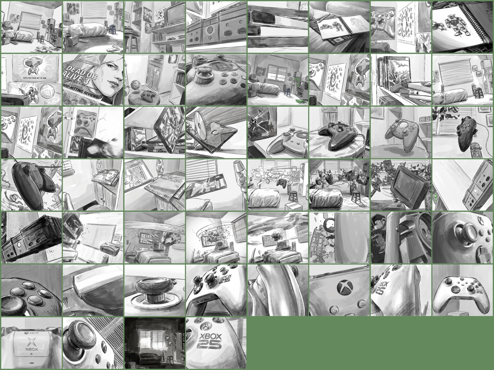 The full storyboard collage for the Xbox 25 Years film