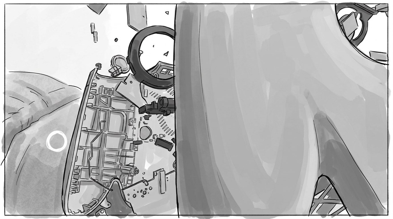 Storyboard panel, the console breaking apart mid air