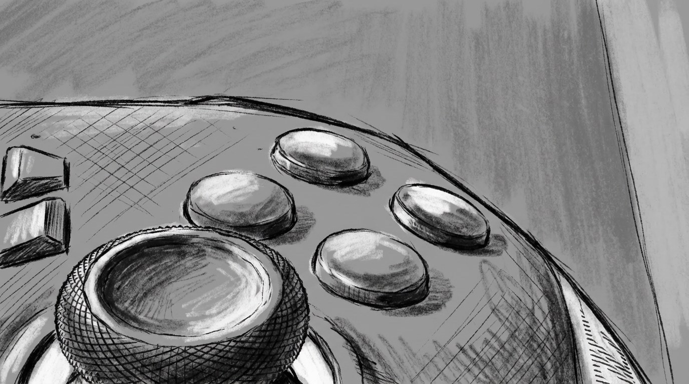 Storyboard panel, hardware detail in close up