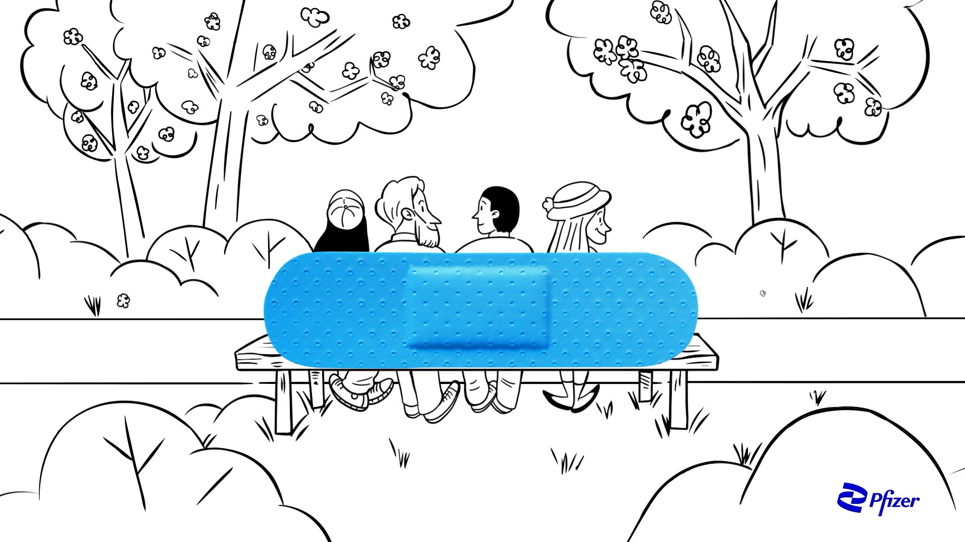 A line drawing where a blue plaster becomes a park bench