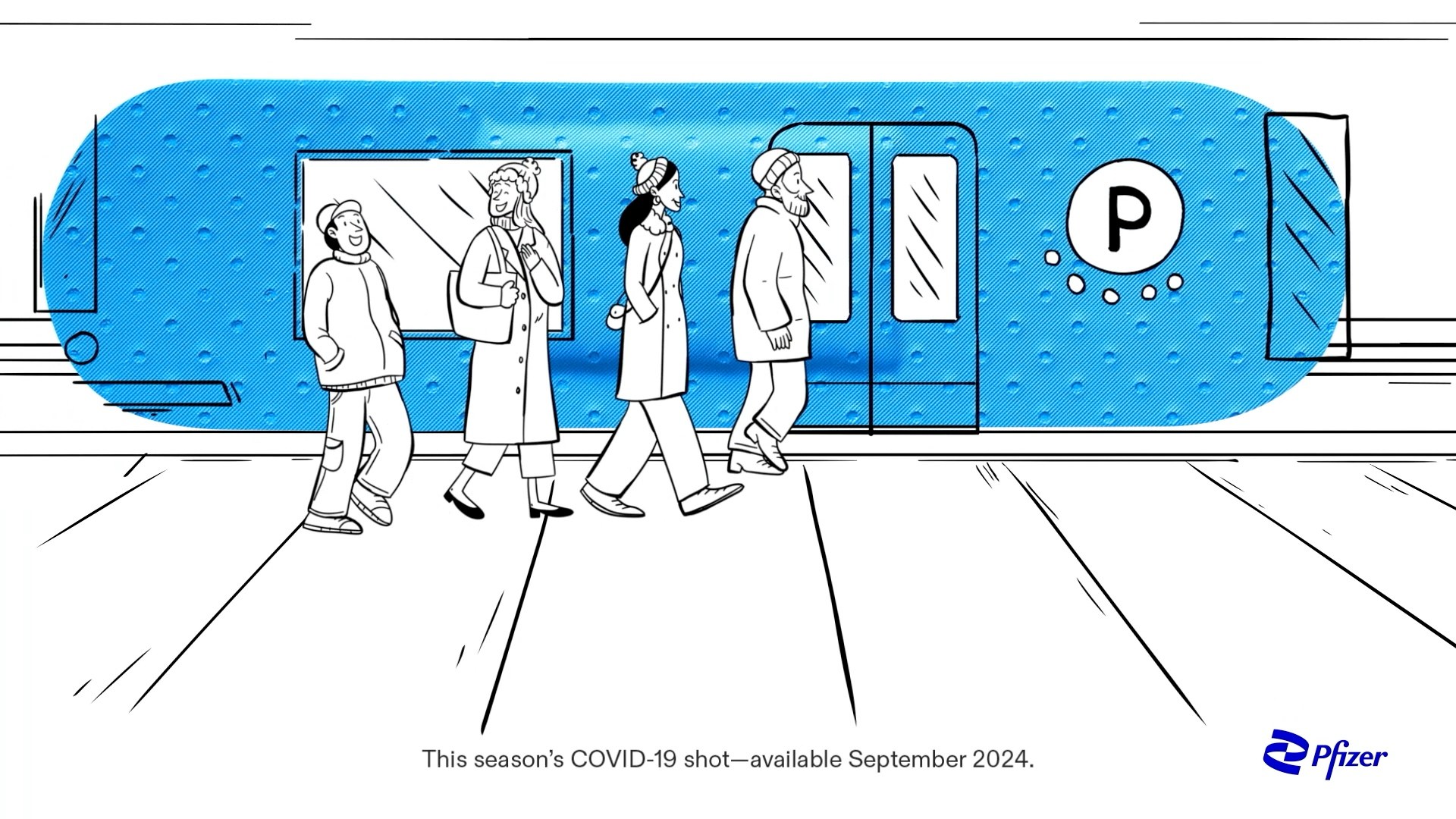A line drawing where a blue plaster becomes a subway carriage