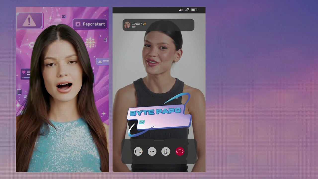 Byte Papo, the twin on a video call with a guest, the caller named Gemea on screen