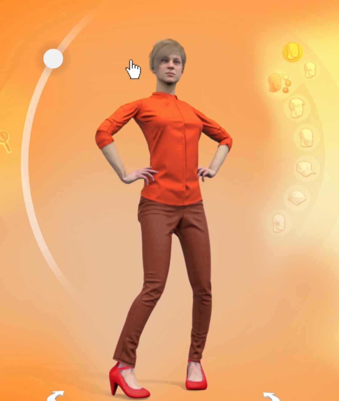 A character creator screen, a figure in an orange top on an orange field with a currency counter