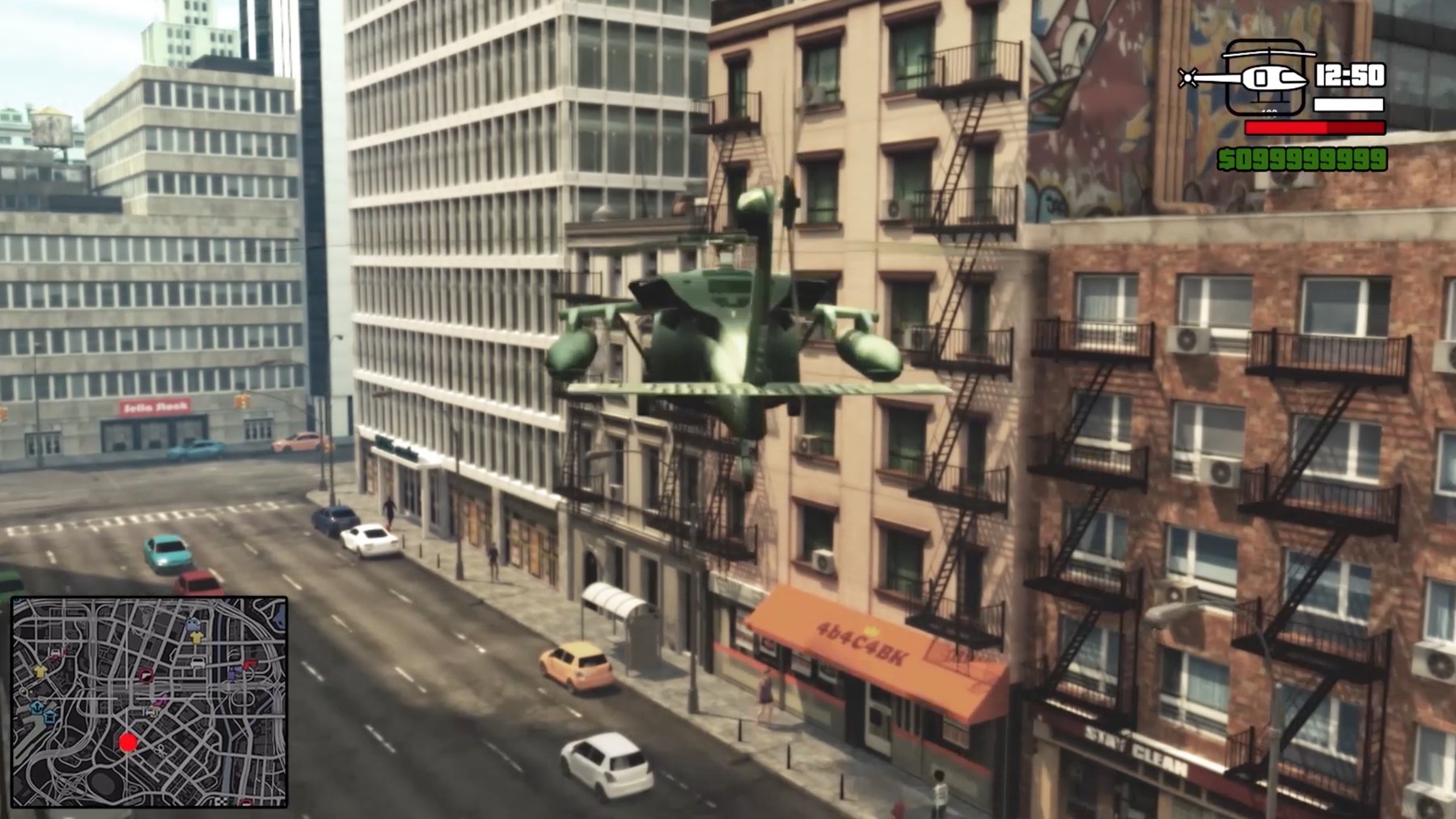 An open world crime game, a military helicopter jammed halfway inside an office building above a city street