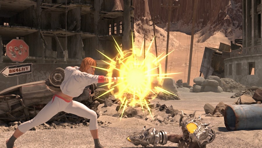 The finished fighting game frame, a character in white mid punch with a yellow explosion