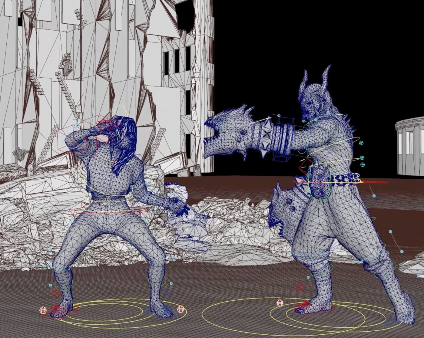 Two fighter rigs on their animation circles in a grey untextured arena