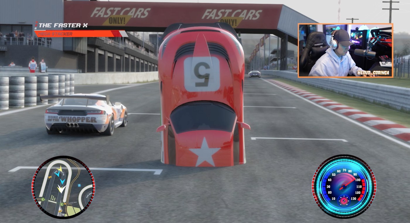 The same racing game with one car standing vertically in the air above the track