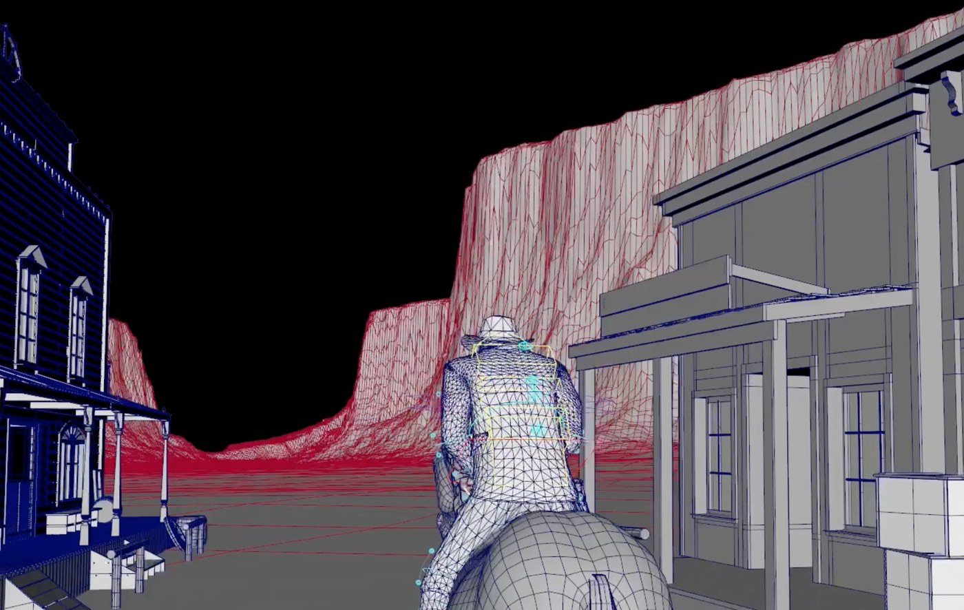 A western street in red and blue wireframe with a lone gunslinger