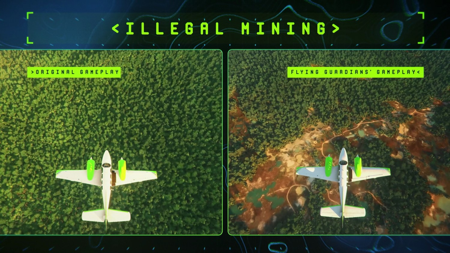 A split screen titled illegal mining, original gameplay beside Flying Guardians gameplay showing the mining scar