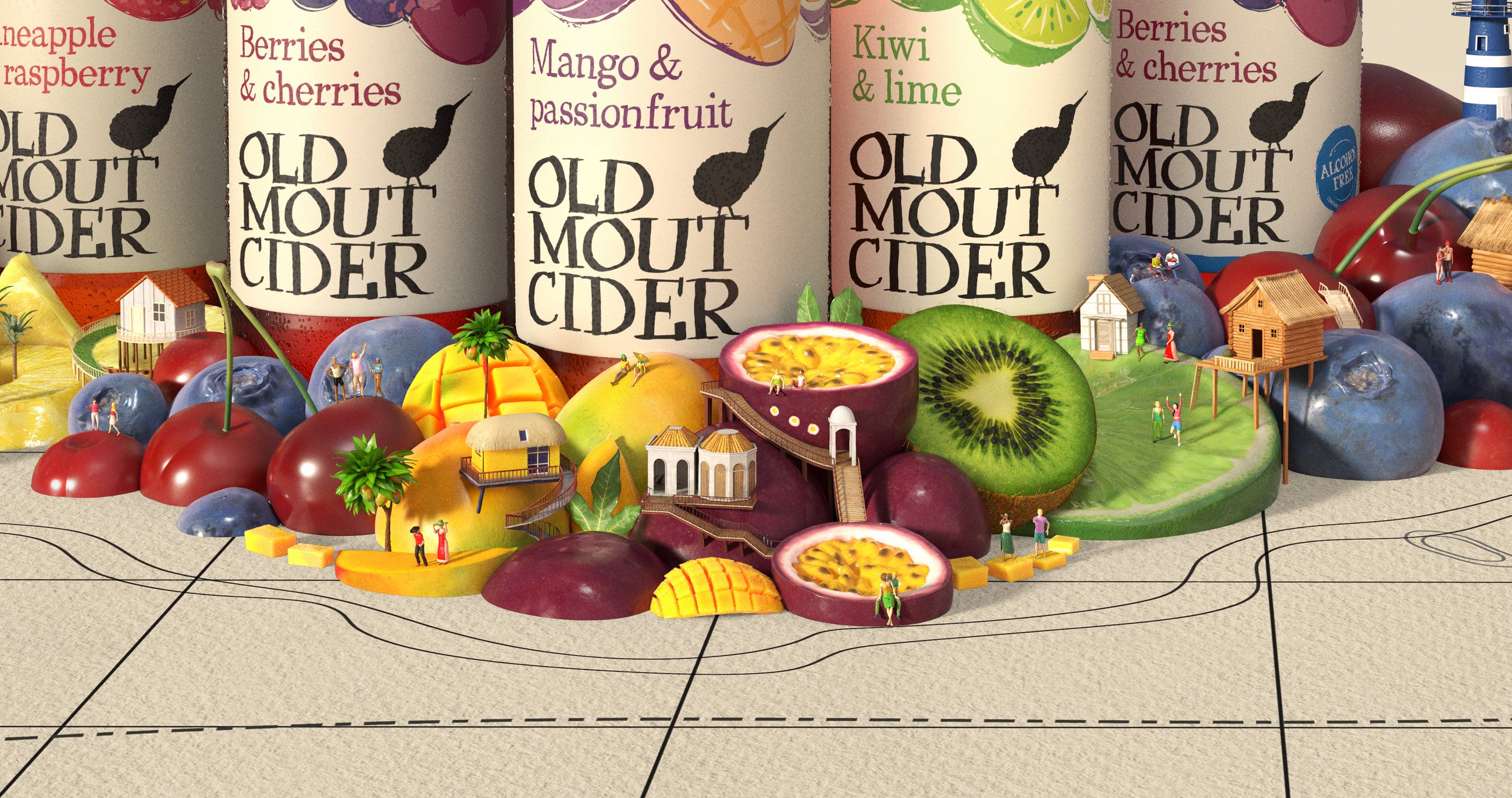 Detail of the range board showing miniature figures on mango and passionfruit islands