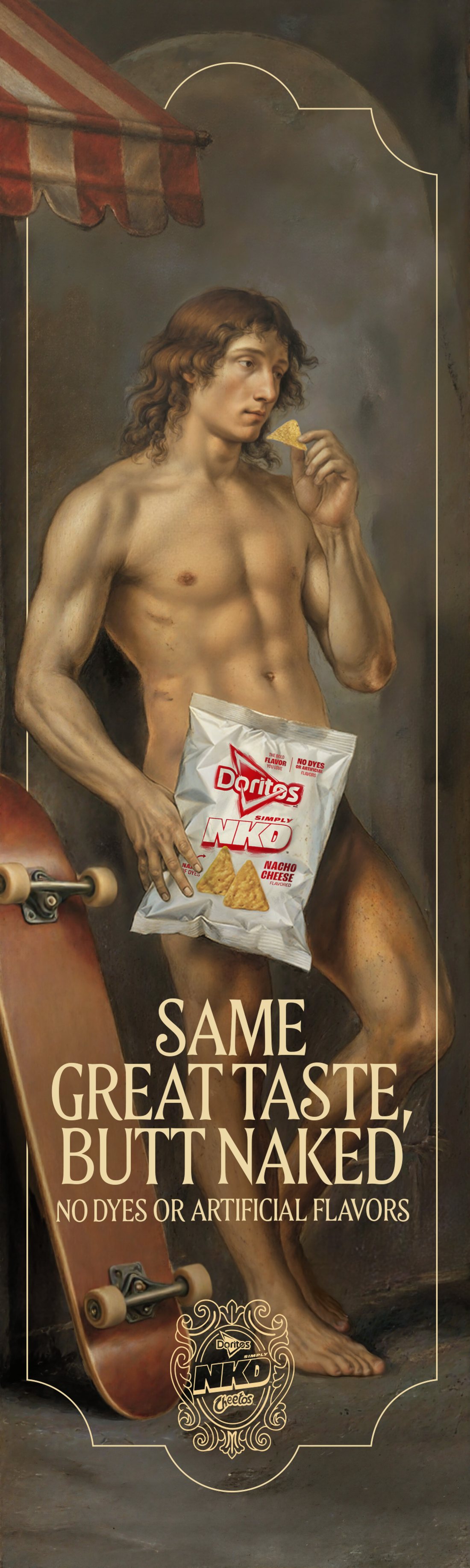 The delivered mural artwork, a Renaissance-style nude holding a bag of Simply NKD Cheetos