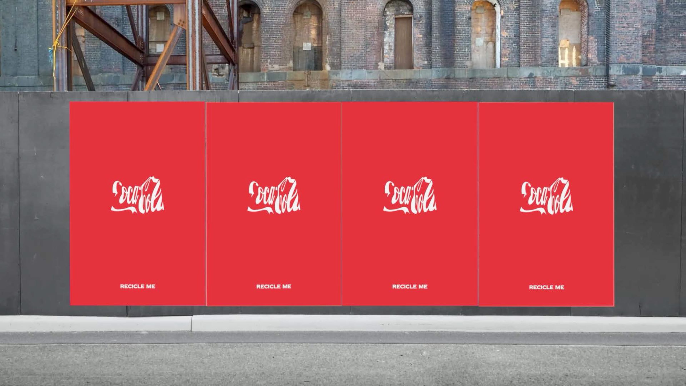 Four Recycle Me posters in a row on a street hoarding, each with a different crushed logo